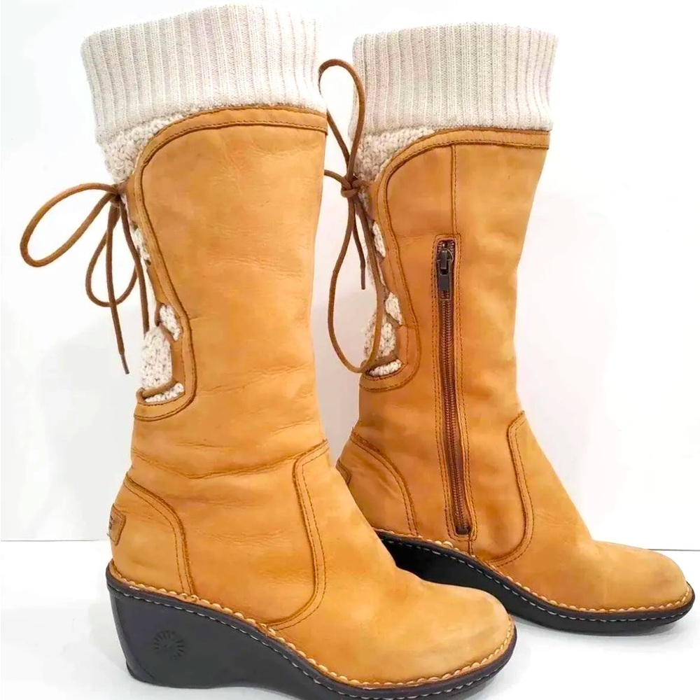 UGG Boots Chestnut Suede Sheepskin Tall Boots Wedge Heel Skylair 1939  SZ 6